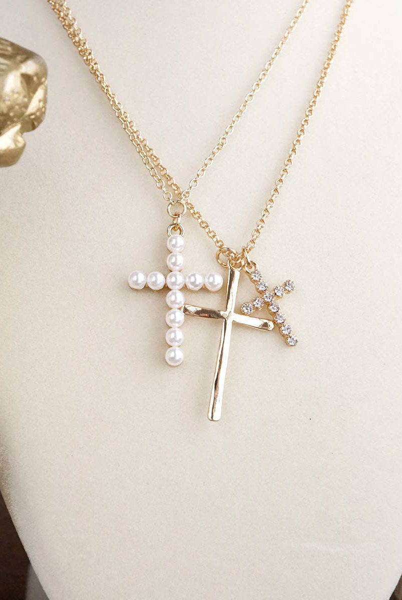 Sacred Layers – Multi Cross Pendant Necklace in Gold Tone-Jewelry-PennyLine inc-Stuffology - Where Vintage Meets Modern, A Boutique for Real Women in Crosbyton, TX