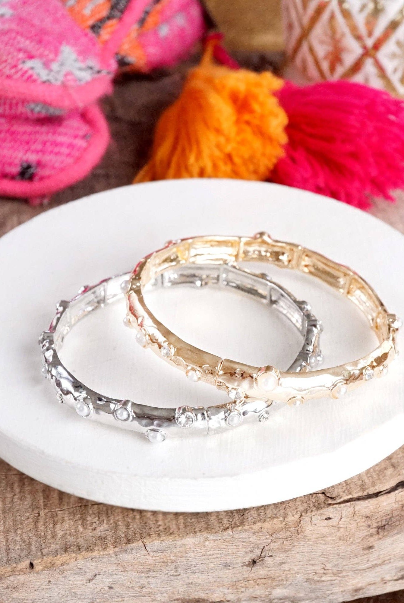 Stretchy Stackable Bangle Pearls and Rhinestones Gold or Silver Tone-PennyLine inc-Stuffology - Where Vintage Meets Modern, A Boutique for Real Women in Crosbyton, TX