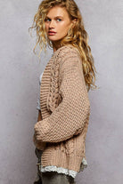 V neck lace trim solid acrylic sweater open cardigan top-Pol Clothing-Stuffology - Where Vintage Meets Modern, A Boutique for Real Women in Crosbyton, TX