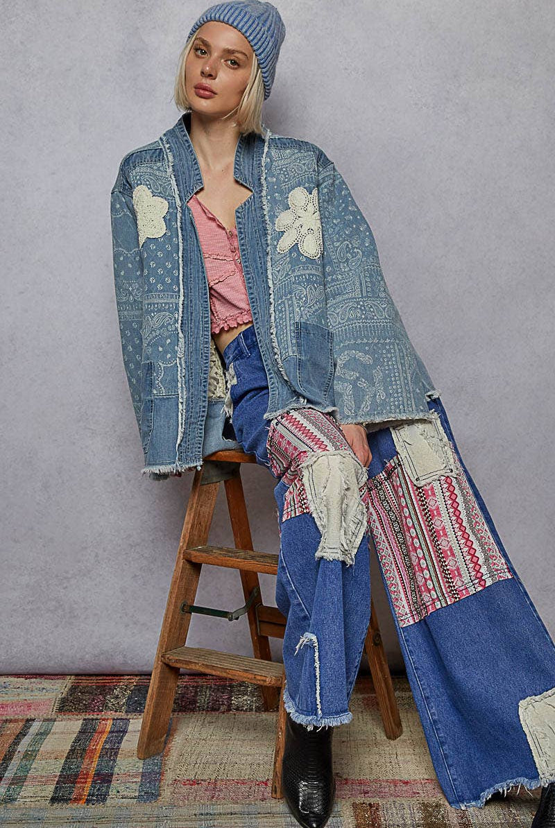 POL Clothing - Paisley pattern patch detail quilted woven twill jacket-Denim Jacket-Pol Clothing-Stuffology - Where Vintage Meets Modern, A Boutique for Real Women in Crosbyton, TX