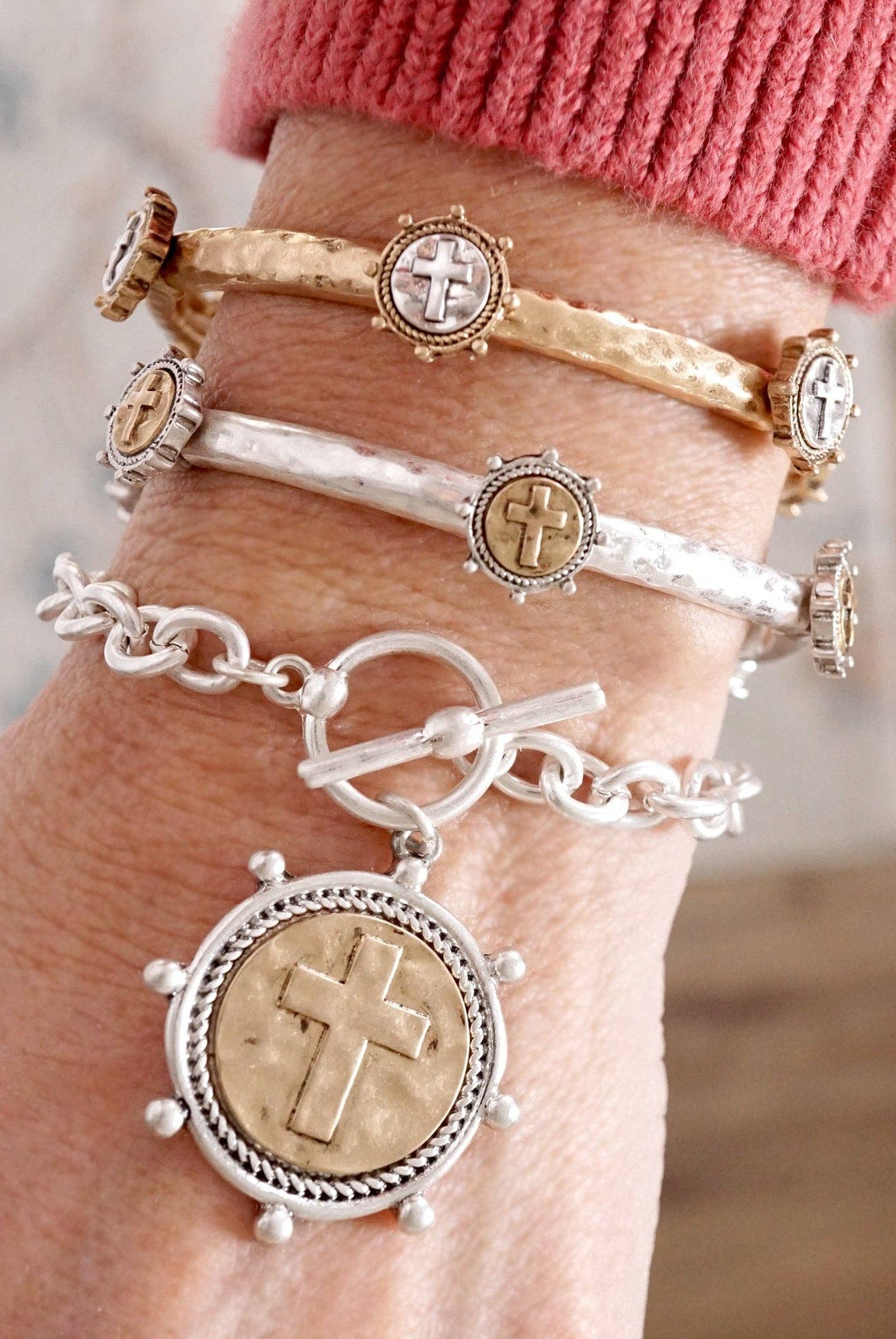 Cross Coin Bangle in Worn Silver or Gold Tone-Bracelets-PennyLine inc-Stuffology - Where Vintage Meets Modern, A Boutique for Real Women in Crosbyton, TX