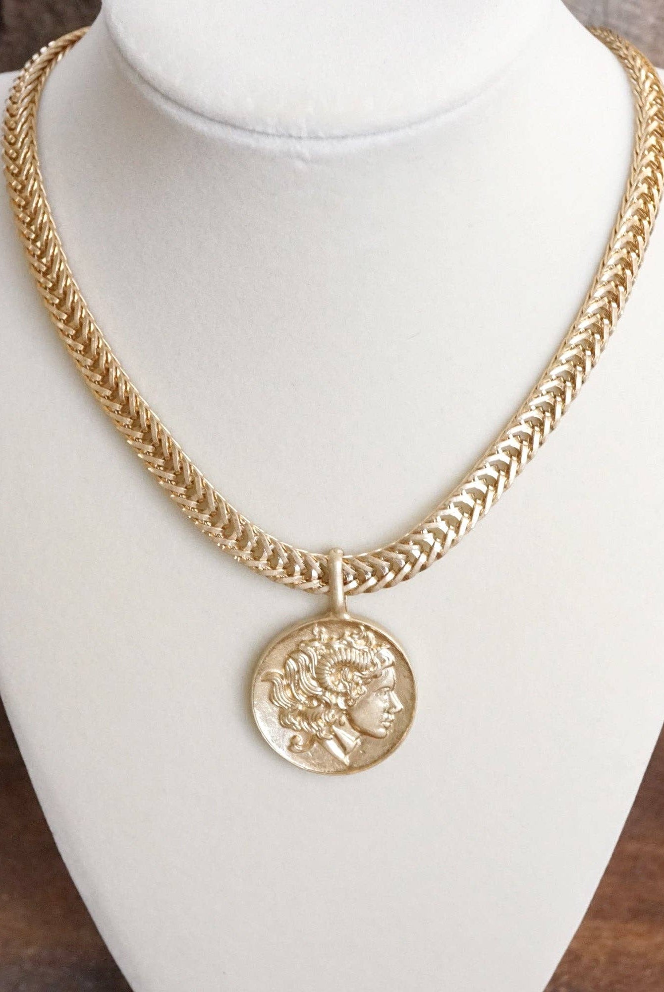 Coin Statement Chain Necklace in Worn Gold Tone-Necklaces-PennyLine inc-Stuffology - Where Vintage Meets Modern, A Boutique for Real Women in Crosbyton, TX