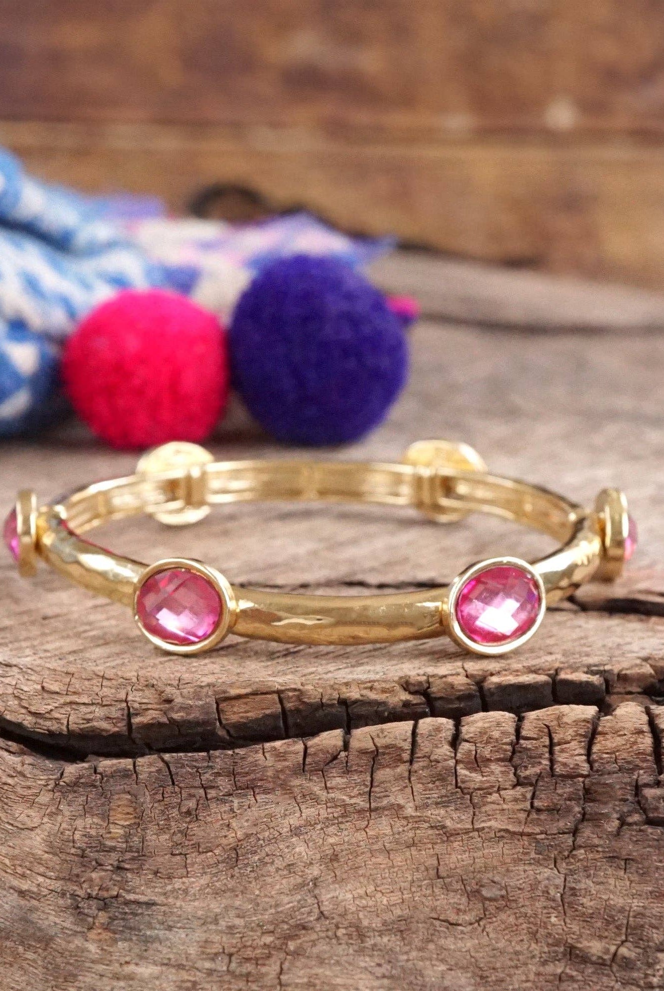 Jeweled Golden Bangle - with Faceted glass oval colorful jewels-Bracelets-PennyLine inc-Stuffology - Where Vintage Meets Modern, A Boutique for Real Women in Crosbyton, TX