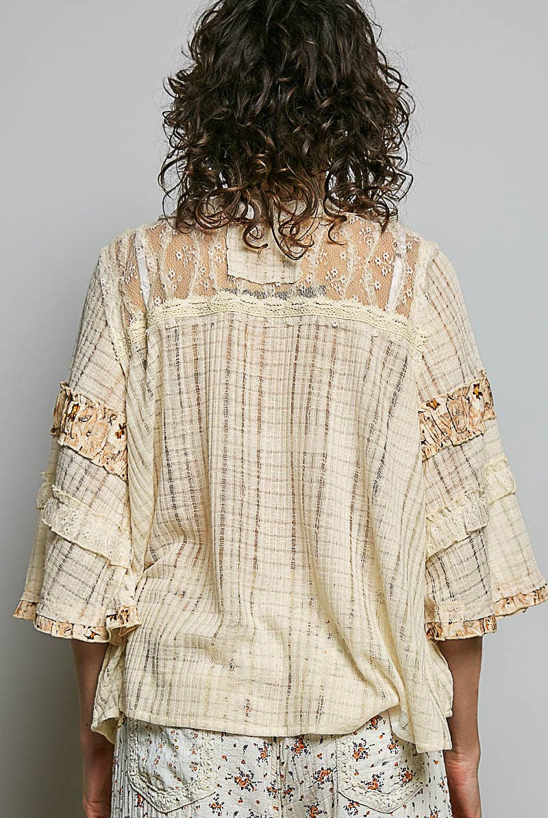 Lace Panel Detail Floral Ruffle 3/4 Sleeve Rib Knit Top-Pol Clothing-Stuffology - Where Vintage Meets Modern, A Boutique for Real Women in Crosbyton, TX