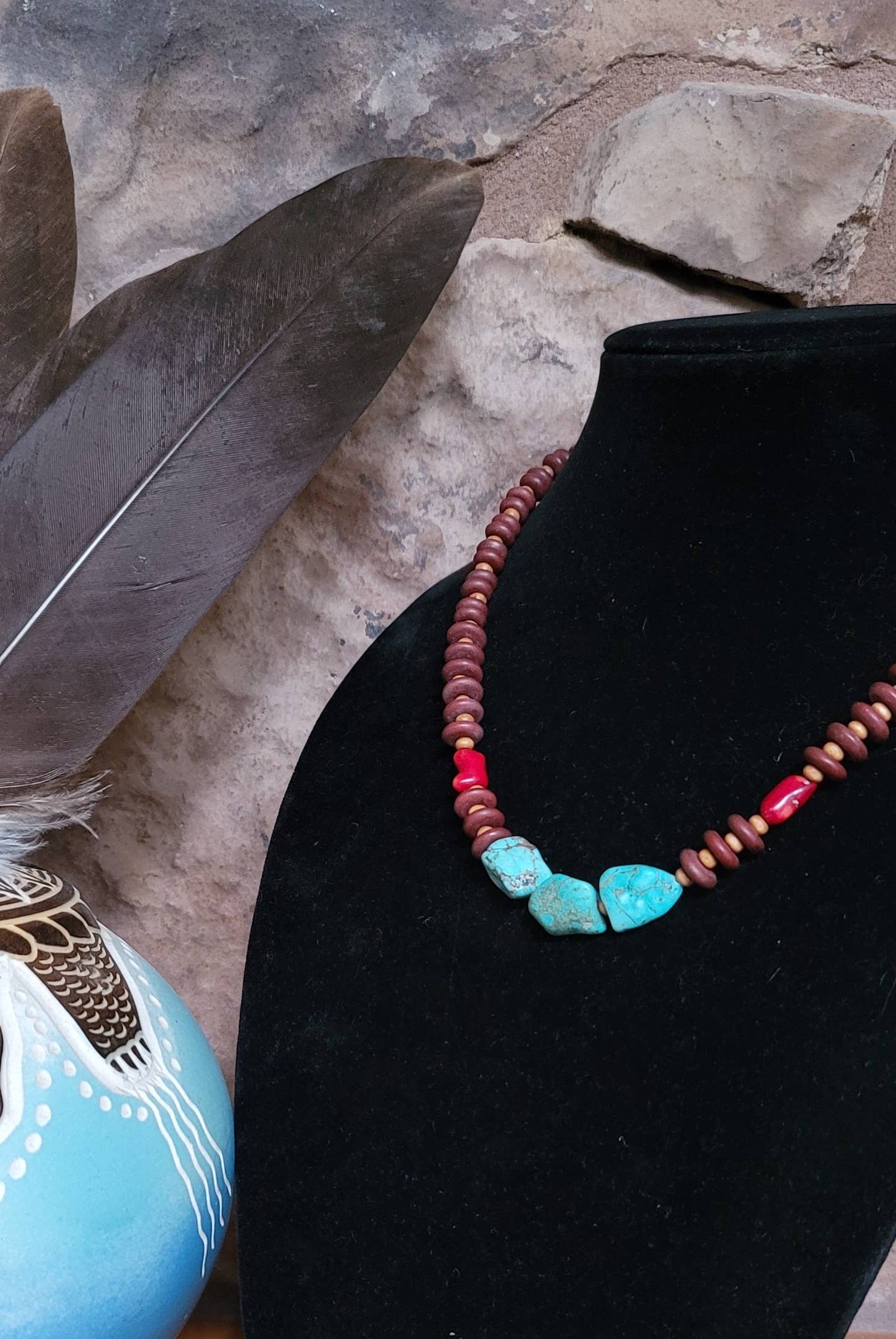 Turquoise, Coral Necklace, wood beads Native American made-Necklaces-Horse Spirit Studio-Stuffology - Where Vintage Meets Modern, A Boutique for Real Women in Crosbyton, TX