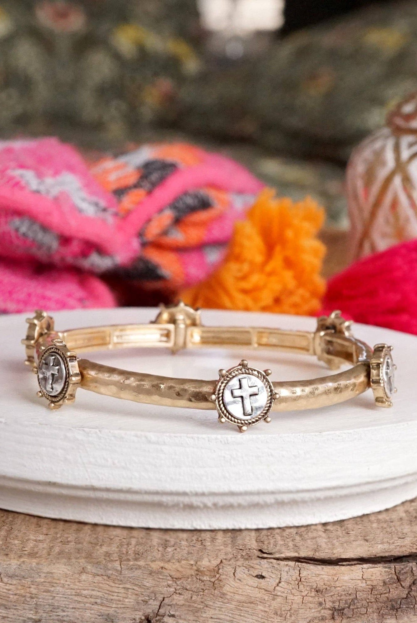 Cross Coin Bangle in Worn Silver or Gold Tone-Bracelets-PennyLine inc-Stuffology - Where Vintage Meets Modern, A Boutique for Real Women in Crosbyton, TX