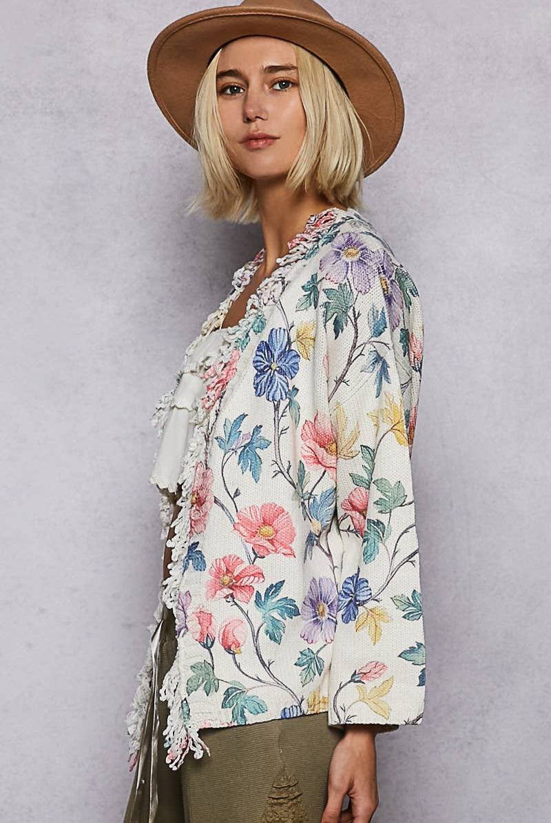 V-neck Long Sleeve Floral Print Sweater Cardigan-Sweater Cardigan-Pol Clothing-Stuffology - Where Vintage Meets Modern, A Boutique for Real Women in Crosbyton, TX