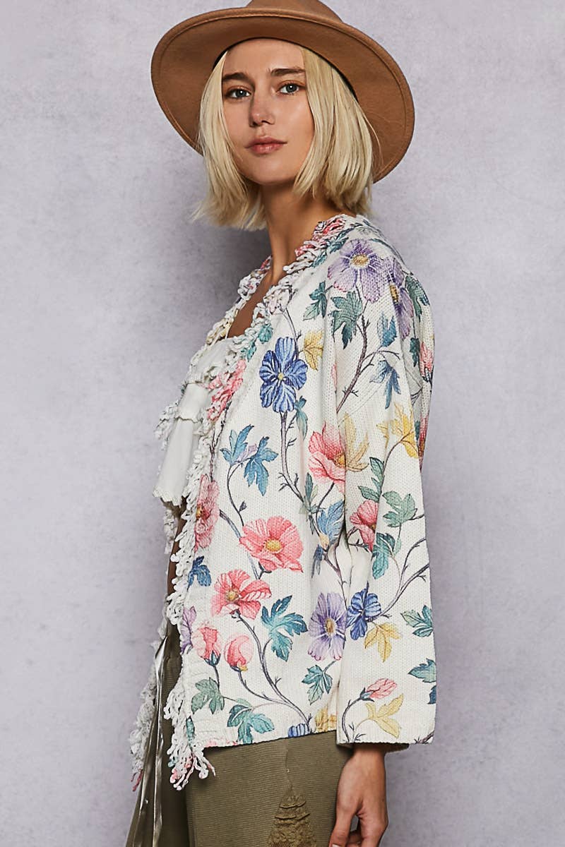 V-neck Long Sleeve Floral Print Sweater Cardigan-Sweater Cardigan-Pol Clothing-Stuffology - Where Vintage Meets Modern, A Boutique for Real Women in Crosbyton, TX