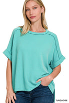 Corded Rib Short Cuff Sleeve Raw Edge Top-TOP-Stuffology Boutique-Stuffology - Where Vintage Meets Modern, A Boutique for Real Women in Crosbyton, TX