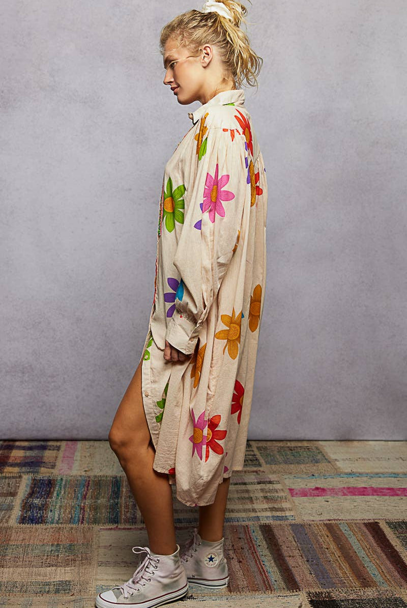 Long Sleeve Shirred Shoulder Beads Floral Print Shirt Dress-Dresses-Pol Clothing-Stuffology - Where Vintage Meets Modern, A Boutique for Real Women in Crosbyton, TX