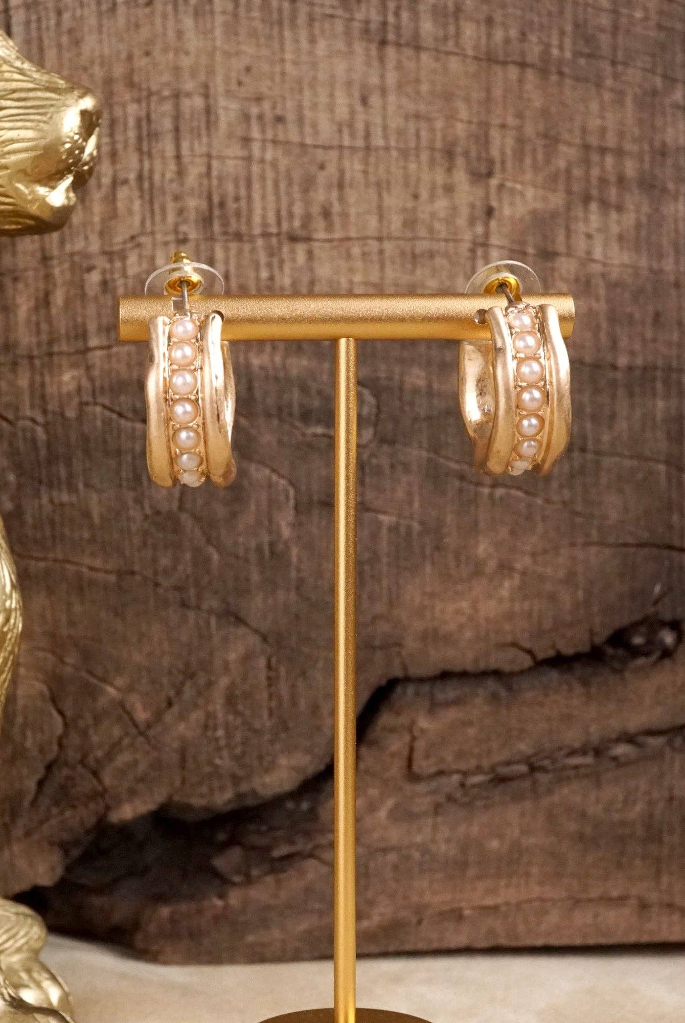 Minimalist Hoops with Faux Pearls or Turquoise – Brushed Gold-Earrings-PennyLine inc-Stuffology - Where Vintage Meets Modern, A Boutique for Real Women in Crosbyton, TX