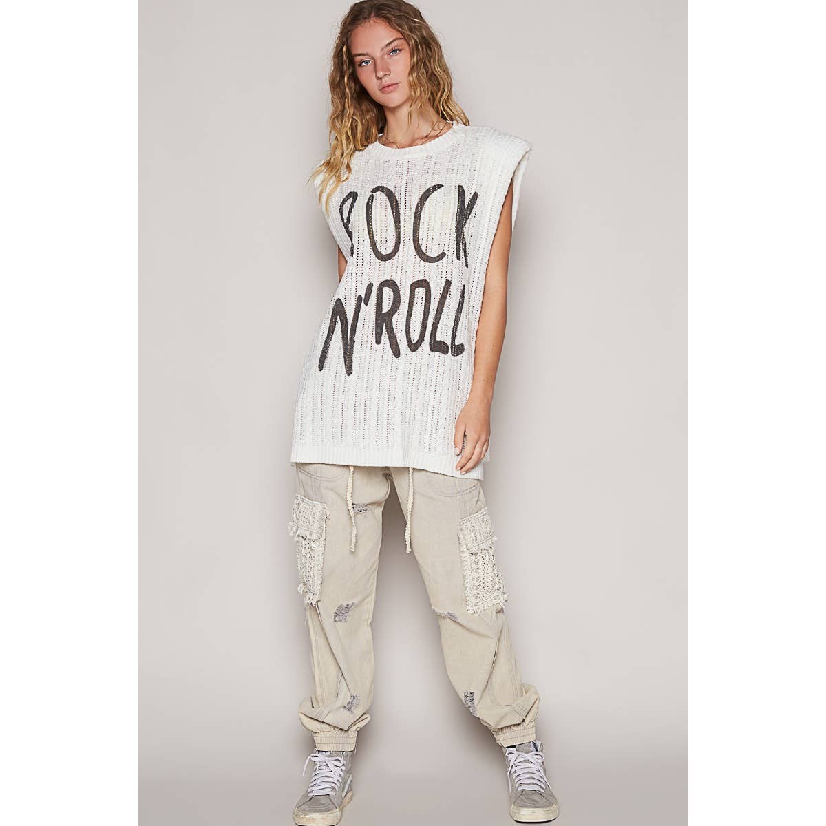 POL Clothing Rock N Roll Graphic Lettering Round Sleeveless Top-TOP-Pol Clothing-Stuffology - Where Vintage Meets Modern, A Boutique for Real Women in Crosbyton, TX