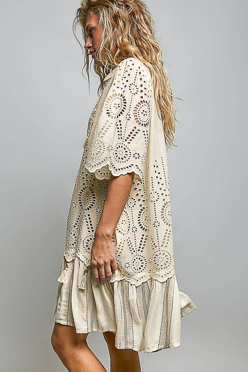Boho Lace Panel Tassel Tie Detail Eyelet Shirt Dress-Dresses-Pol Clothing-Stuffology - Where Vintage Meets Modern, A Boutique for Real Women in Crosbyton, TX