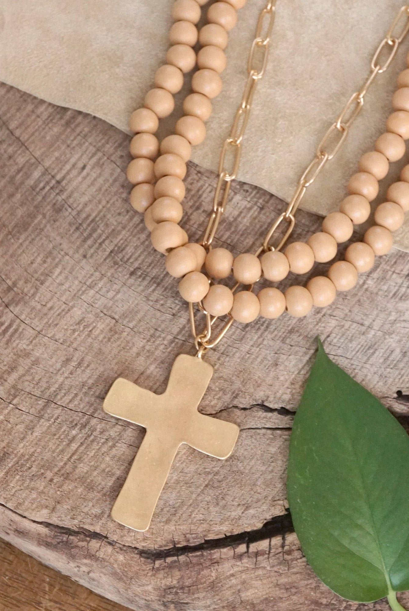 Multi Strand Wood Beads Short Statement Cross Necklace Natural Light Brown-Necklaces-PennyLine inc-Stuffology - Where Vintage Meets Modern, A Boutique for Real Women in Crosbyton, TX
