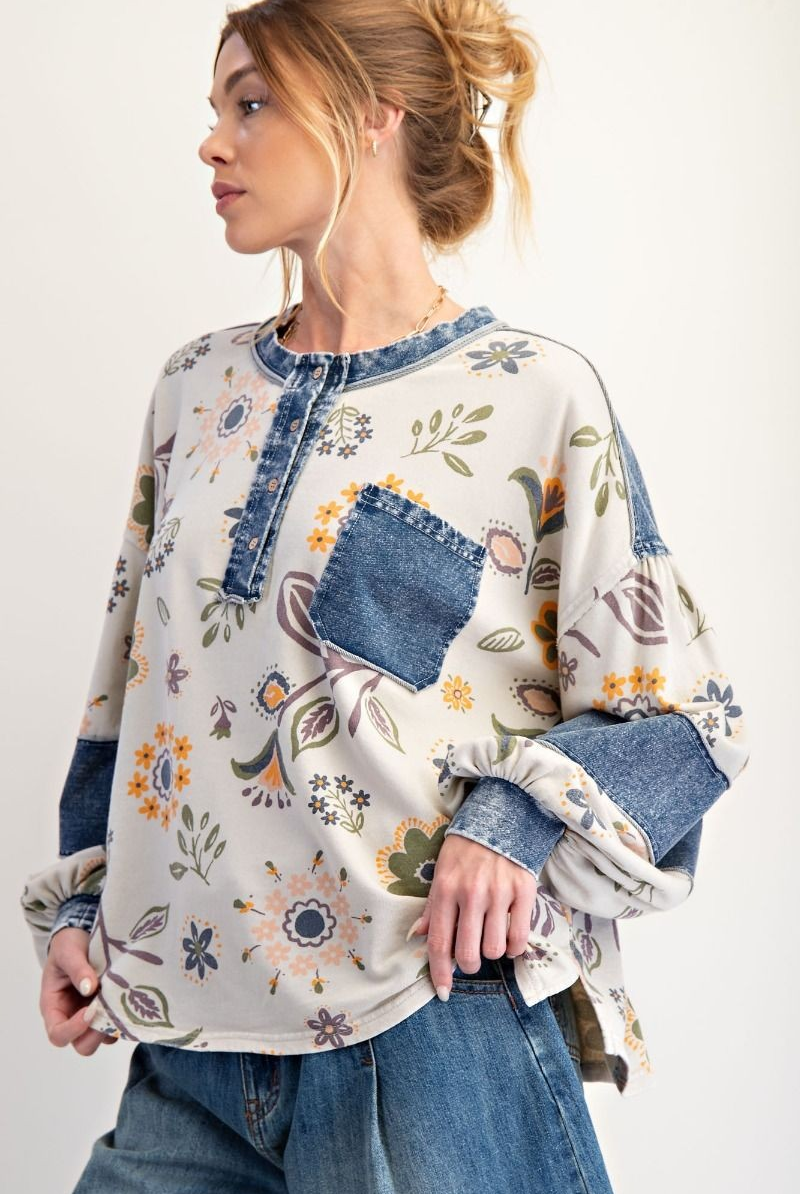 Easel Denim Mix Floral Top-Tops-Easel-Stuffology - Where Vintage Meets Modern, A Boutique for Real Women in Crosbyton, TX