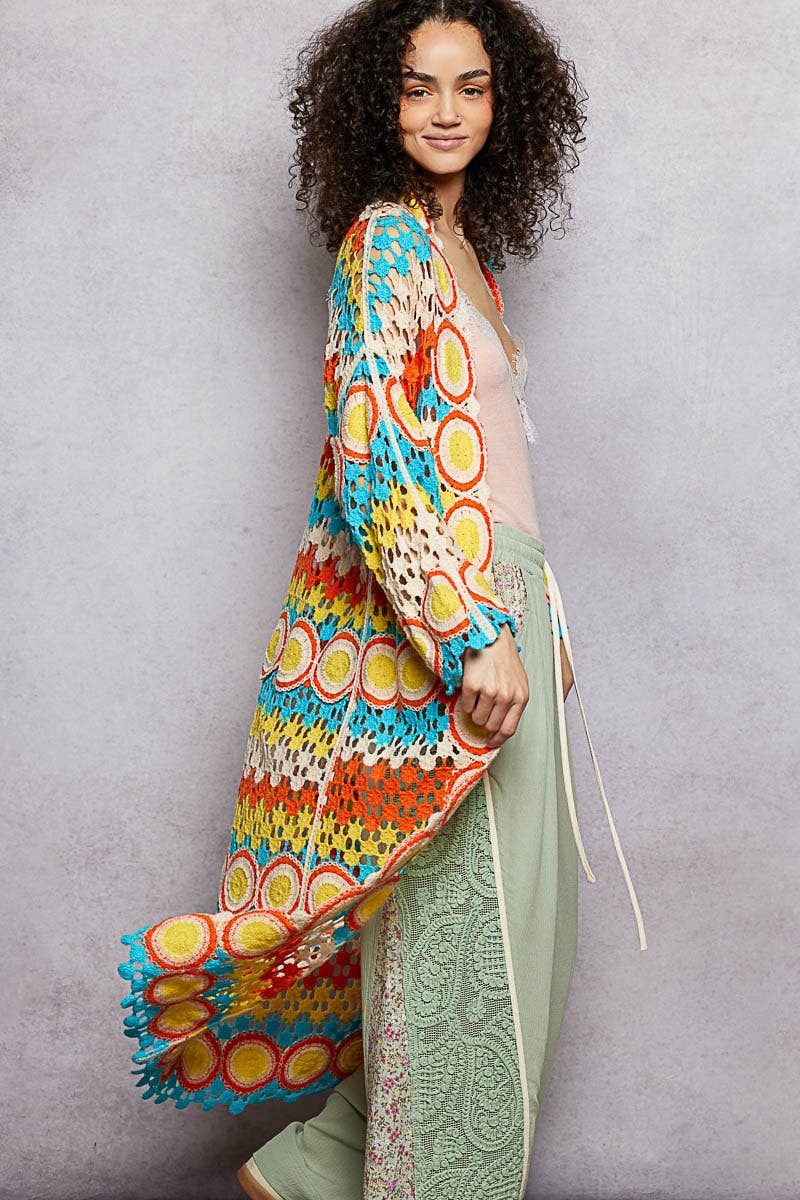 POL Clothing - Crochet Stripe Open-Knit Scalloped Long Sleeve Cardigan-Sweater Cardigan-Pol Clothing-Stuffology - Where Vintage Meets Modern, A Boutique for Real Women in Crosbyton, TX