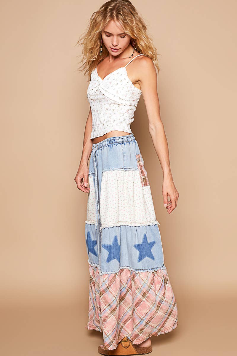 Star patch detail solid chambray wide pants-Pants-Pol Clothing-Stuffology - Where Vintage Meets Modern, A Boutique for Real Women in Crosbyton, TX