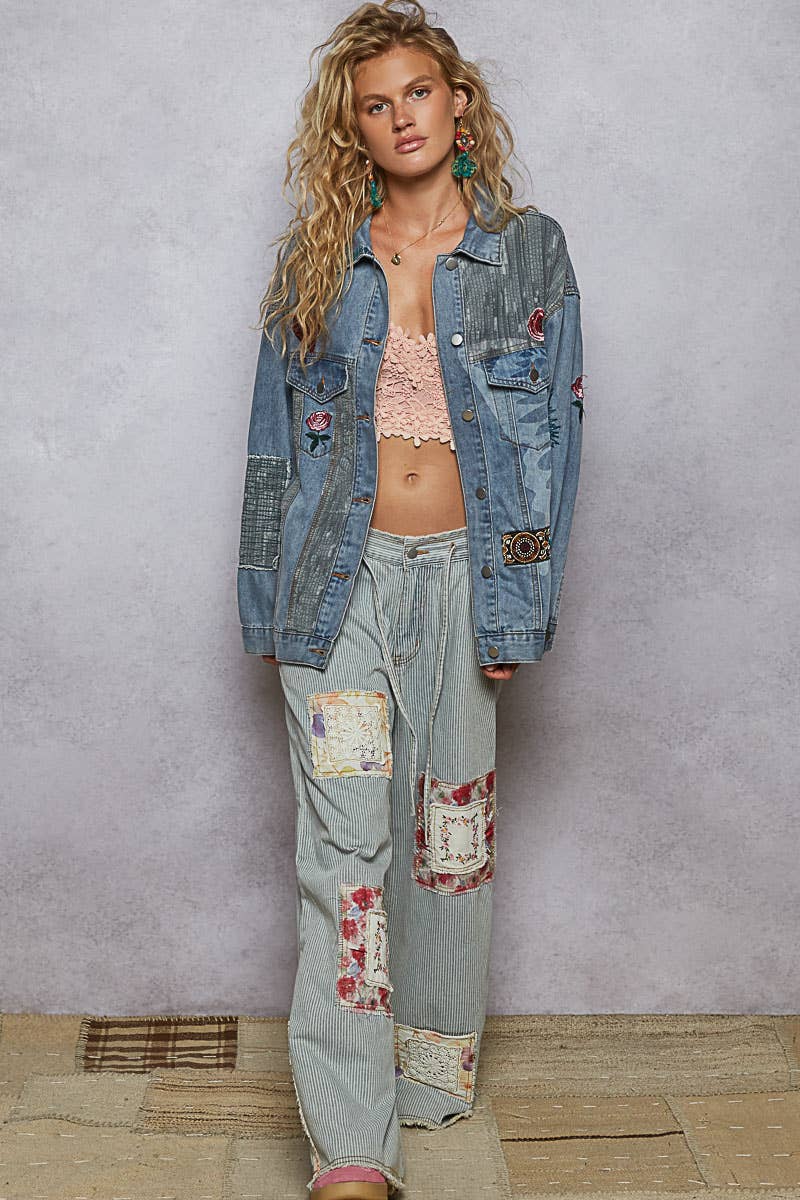 Long sleeve denim embroidery roomy fit jacket-Denim Jacket-Pol Clothing-Stuffology - Where Vintage Meets Modern, A Boutique for Real Women in Crosbyton, TX
