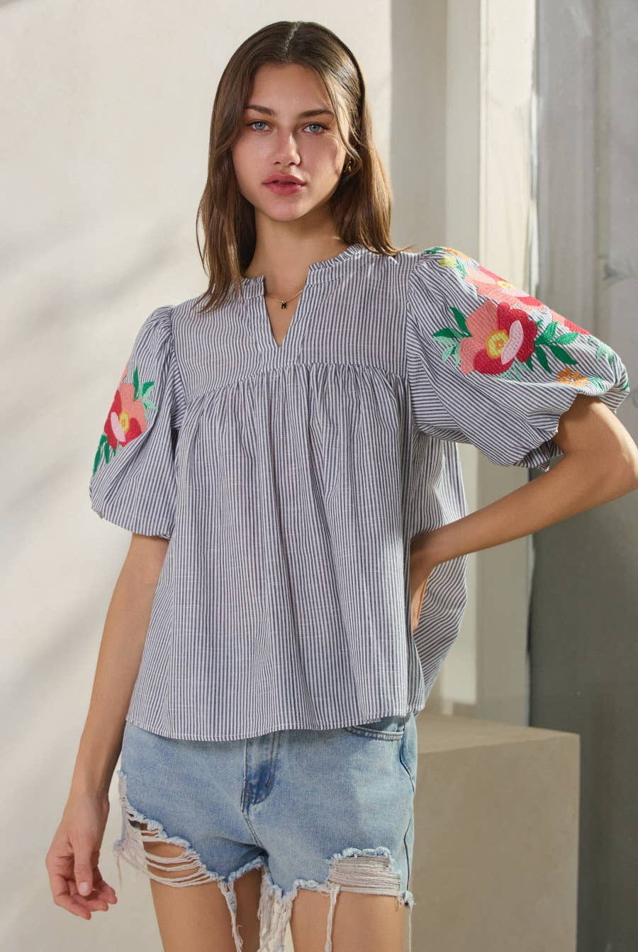 Navy Yarn Dye Striped Fabric Top-stripe top-Oddi-Stuffology - Where Vintage Meets Modern, A Boutique for Real Women in Crosbyton, TX