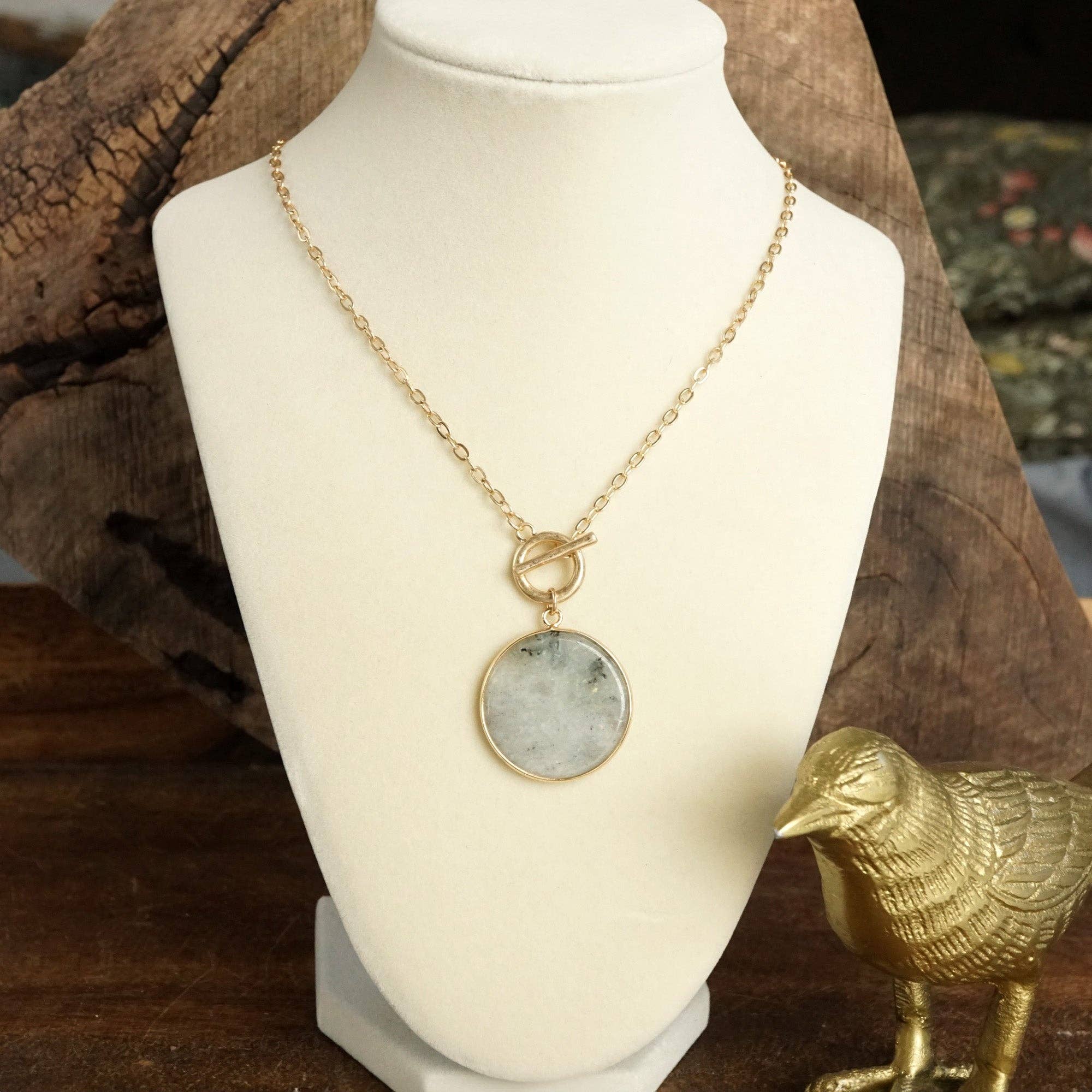 Semi-Precious Disc Pendant Front Toggle Chain Necklace-Necklaces-PennyLine inc-Stuffology - Where Vintage Meets Modern, A Boutique for Real Women in Crosbyton, TX