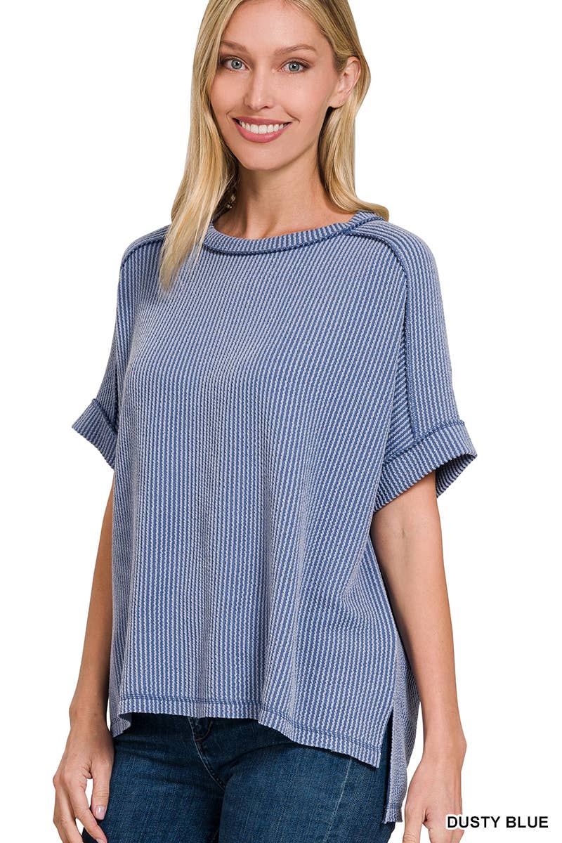 Corded Rib Short Cuff Sleeve Raw Edge Top-TOP-Stuffology Boutique-Stuffology - Where Vintage Meets Modern, A Boutique for Real Women in Crosbyton, TX