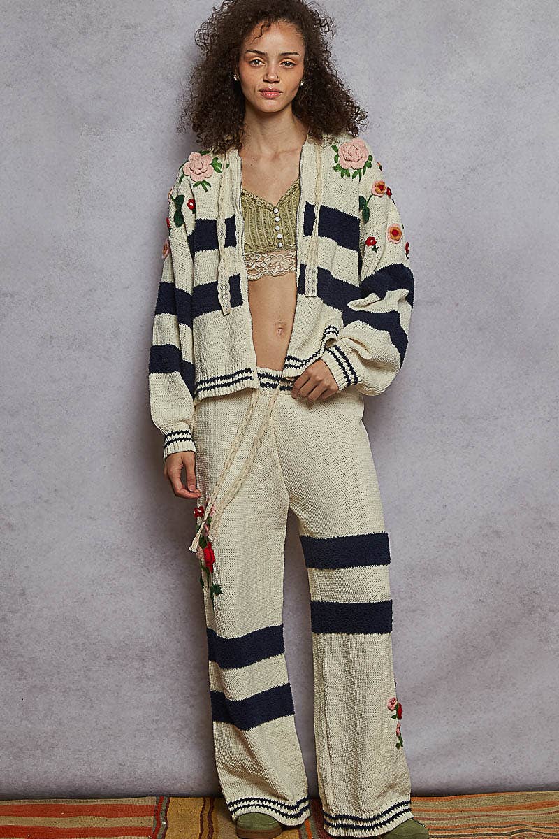 POL Clothing - Striped pattern 3D embroidered hoodie zip-up sweater top-Pol Clothing-Stuffology - Where Vintage Meets Modern, A Boutique for Real Women in Crosbyton, TX