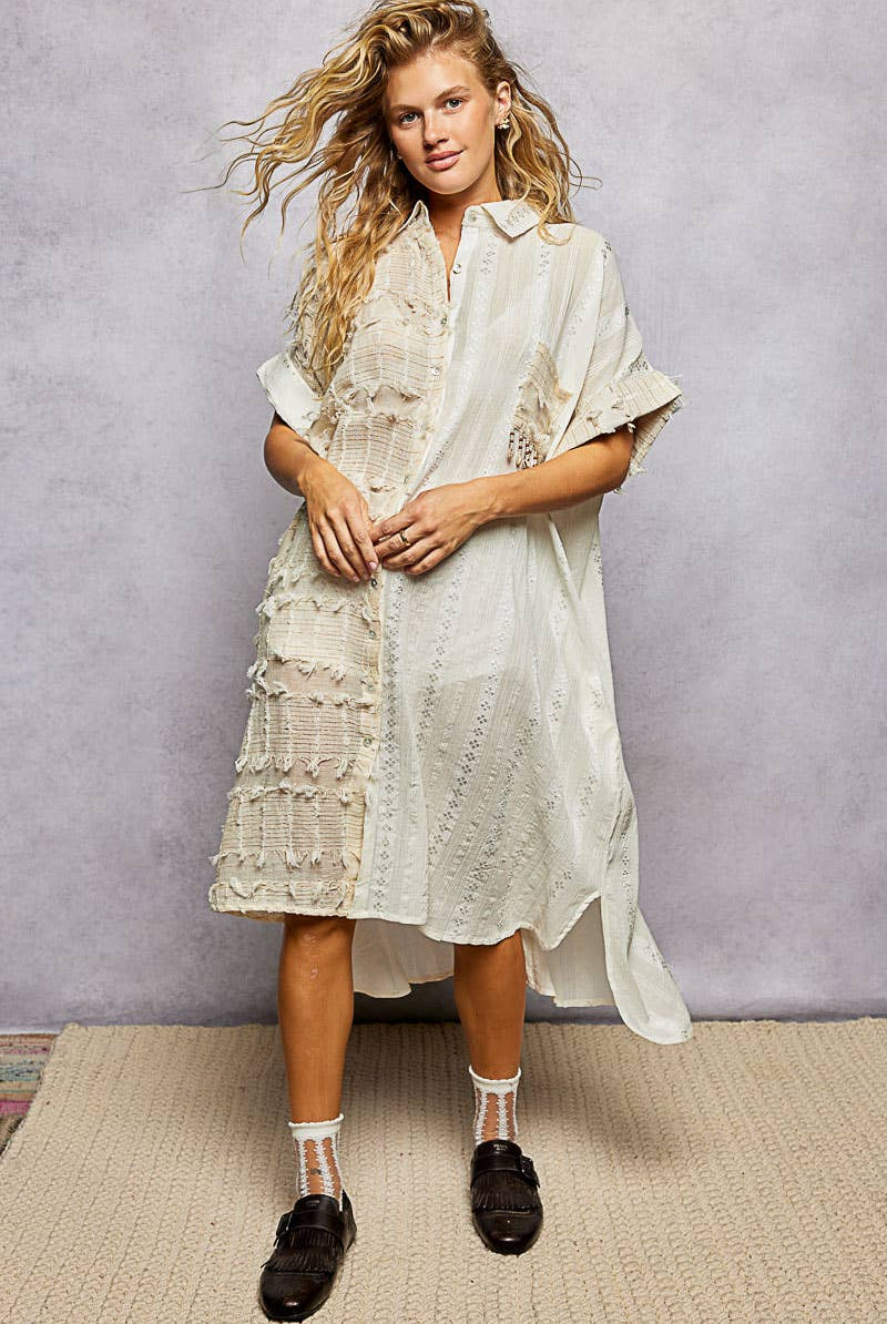 Dangle Trim Textured Cotton Oversized Long Shirt Dress-Dresses-Pol Clothing-Stuffology - Where Vintage Meets Modern, A Boutique for Real Women in Crosbyton, TX