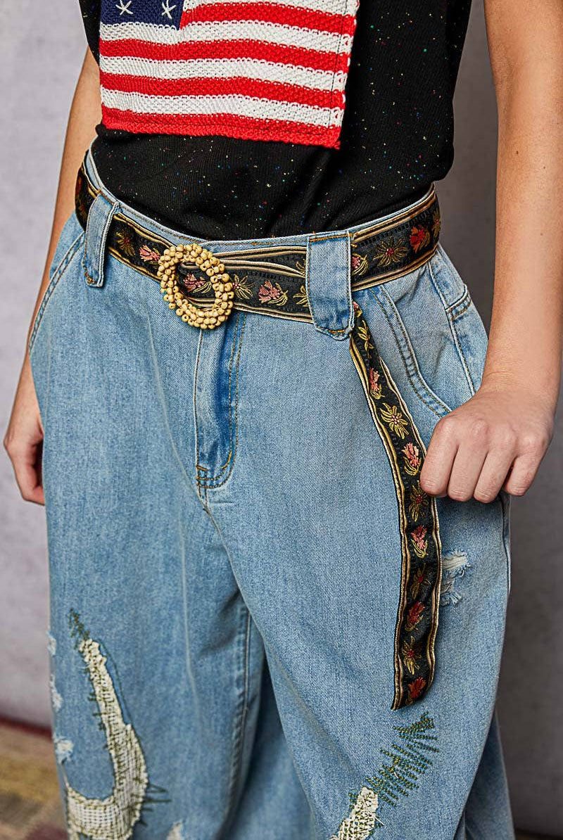 POL Clothing Beaded Cycle Striped Floral Pattern Belt-BELT-Pol Clothing-Stuffology - Where Vintage Meets Modern, A Boutique for Real Women in Crosbyton, TX