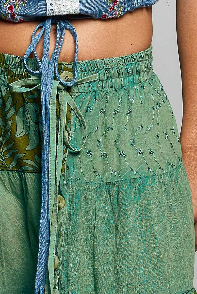 POL Clothing Boho Tie Waistband Patchwork Tiered Ruffle Maxi Skirt-Skirts-Pol Clothing-Stuffology - Where Vintage Meets Modern, A Boutique for Real Women in Crosbyton, TX