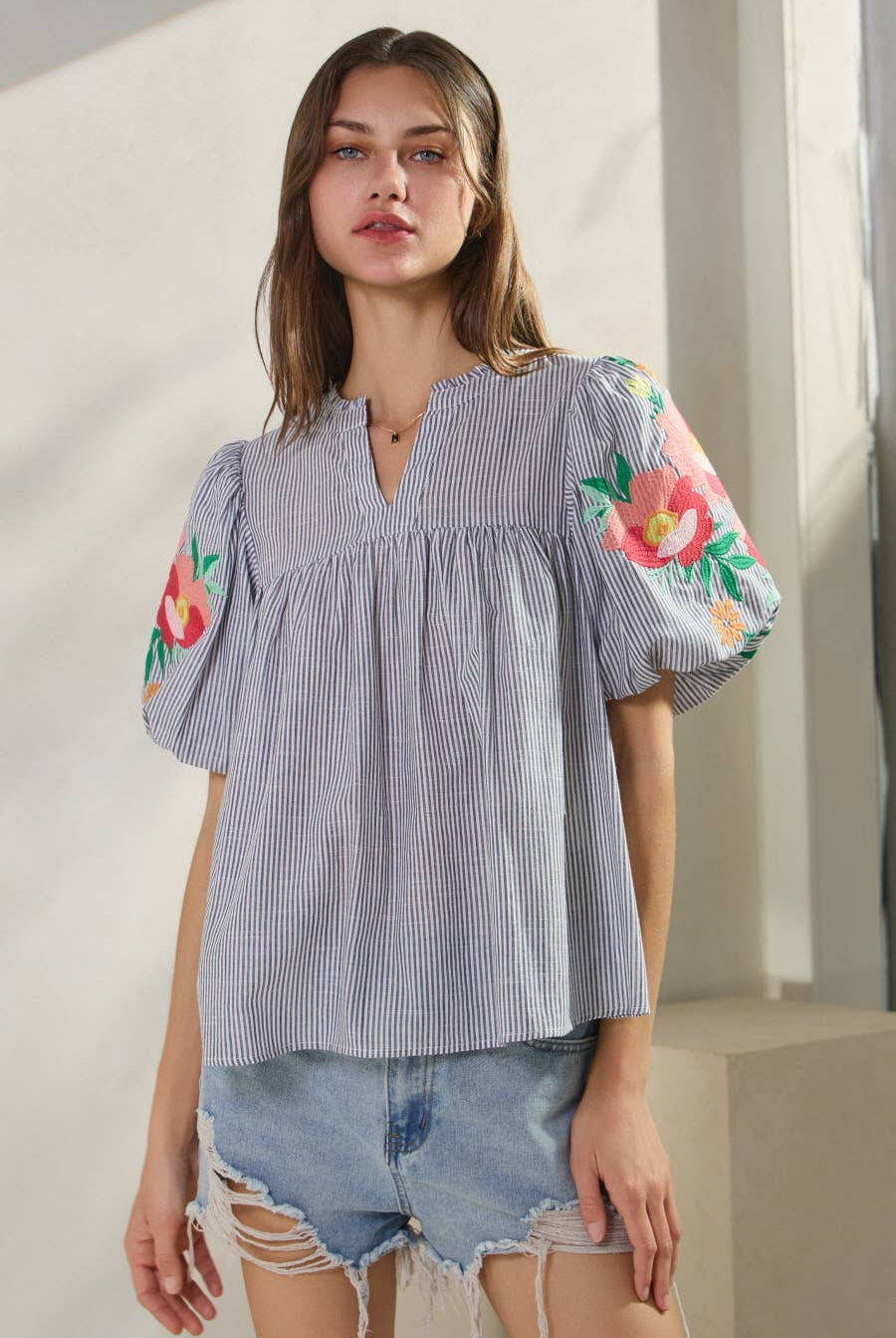 Navy Yarn Dye Striped Fabric Top-stripe top-Oddi-Stuffology - Where Vintage Meets Modern, A Boutique for Real Women in Crosbyton, TX