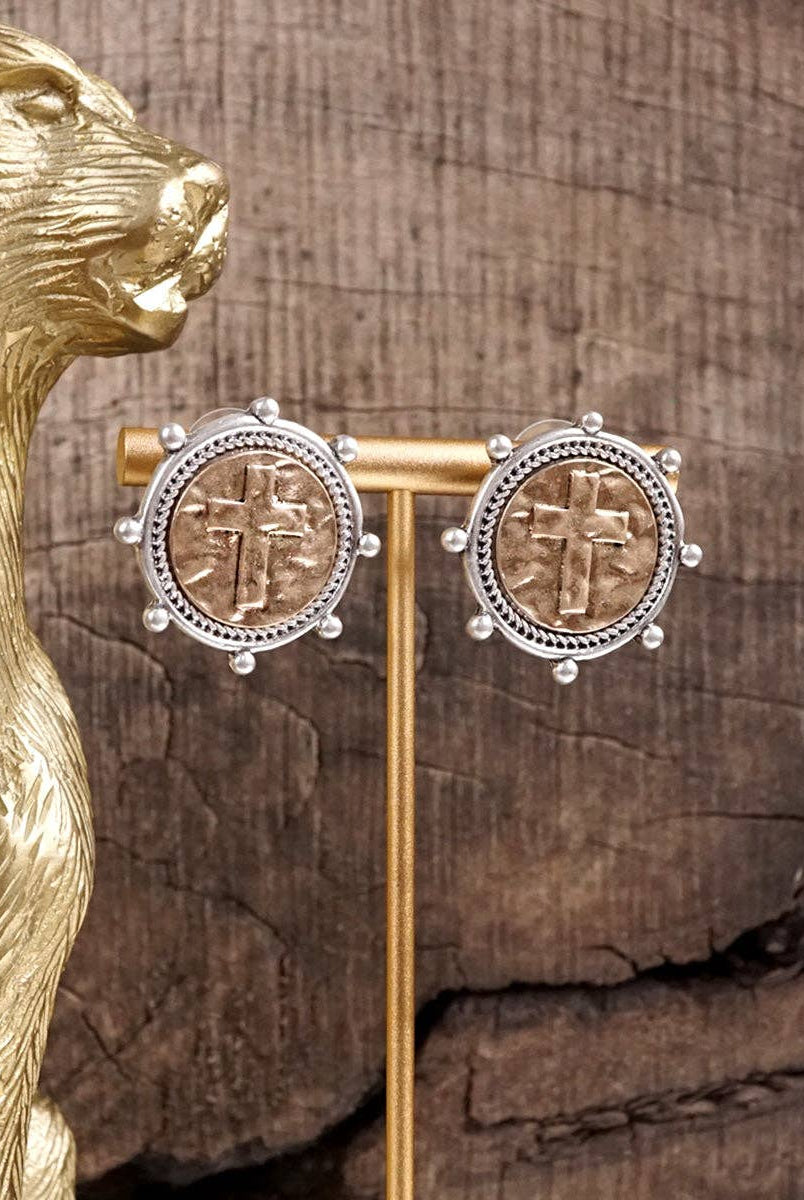 Divine Duo – Two-Tone Cross Coin Stud Earrings-Earrings-PennyLine inc-Stuffology - Where Vintage Meets Modern, A Boutique for Real Women in Crosbyton, TX