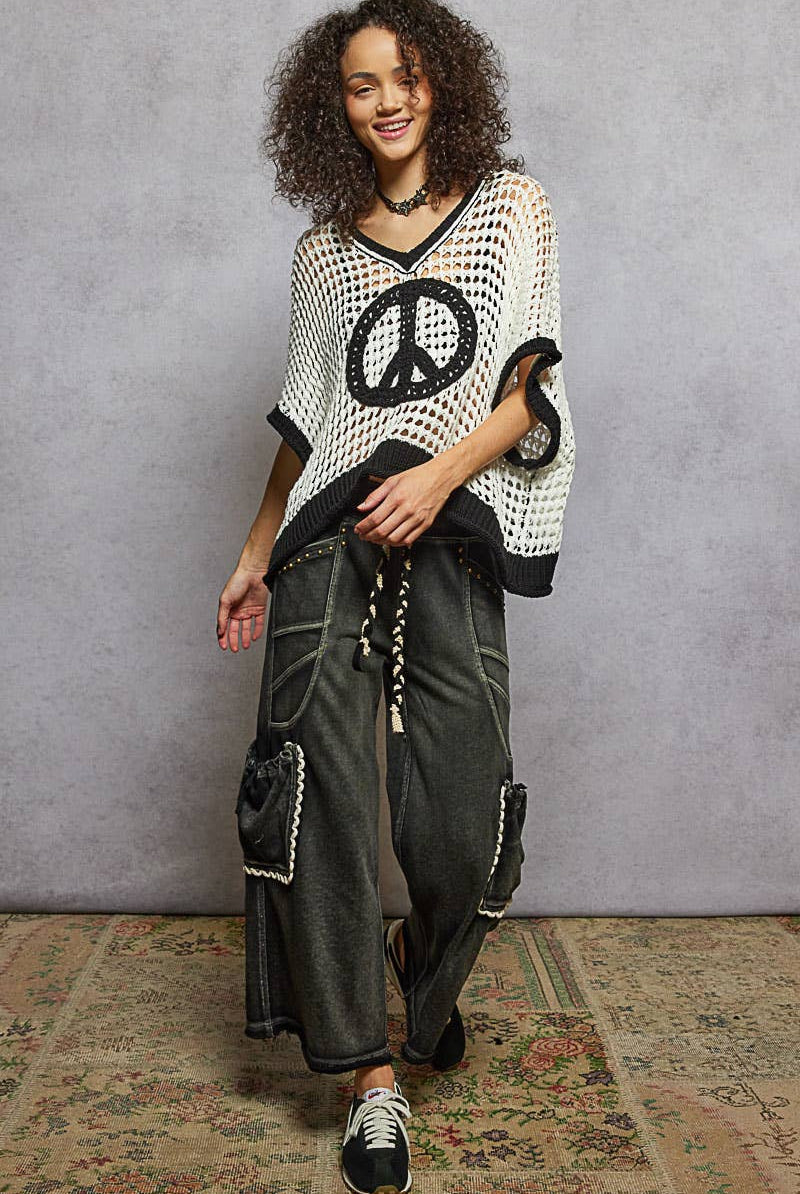 Oversize Boho Peace Crochet Top - Black & White-Crochet Top-Pol Clothing-Stuffology - Where Vintage Meets Modern, A Boutique for Real Women in Crosbyton, TX