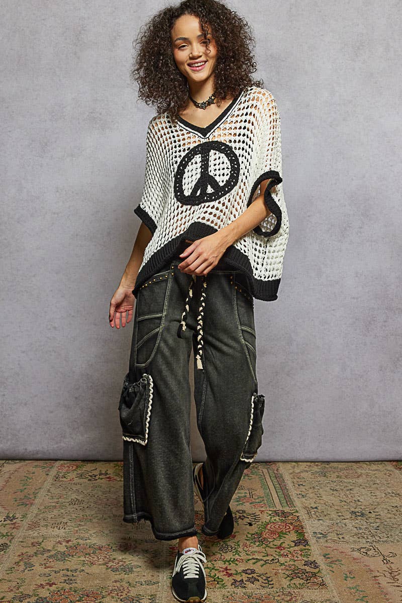 Oversize Boho Peace Crochet Top - Black & White-Crochet Top-Pol Clothing-Stuffology - Where Vintage Meets Modern, A Boutique for Real Women in Crosbyton, TX