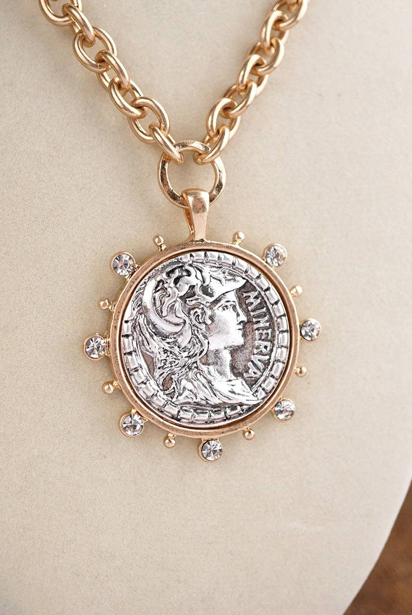 Radiant Relic – Coin Medallion Necklace with Crystal Halo-Necklaces-PennyLine inc-Stuffology - Where Vintage Meets Modern, A Boutique for Real Women in Crosbyton, TX