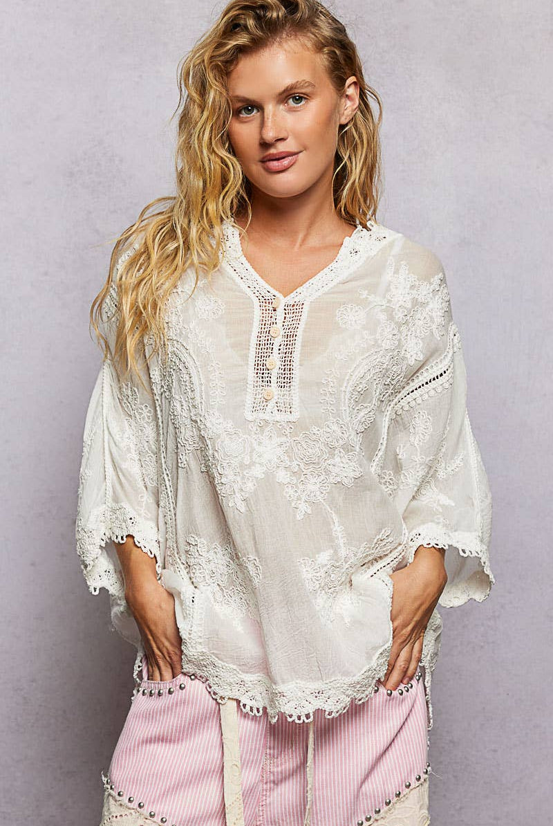 POL Clothing V-neck Short Sleeve Floral Embroidered Crochet Blouse Top-Crochet Top-Pol Clothing-Stuffology - Where Vintage Meets Modern, A Boutique for Real Women in Crosbyton, TX