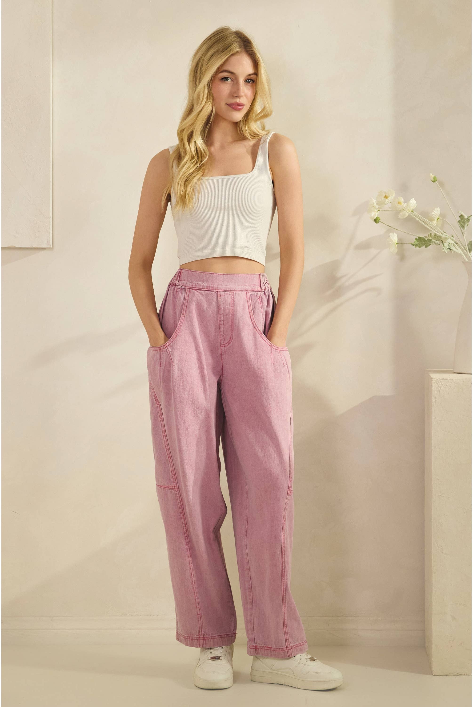 Acid Wash Wide Leg Pink Denim Pants-Pants-Sage + Fig-Stuffology - Where Vintage Meets Modern, A Boutique for Real Women in Crosbyton, TX