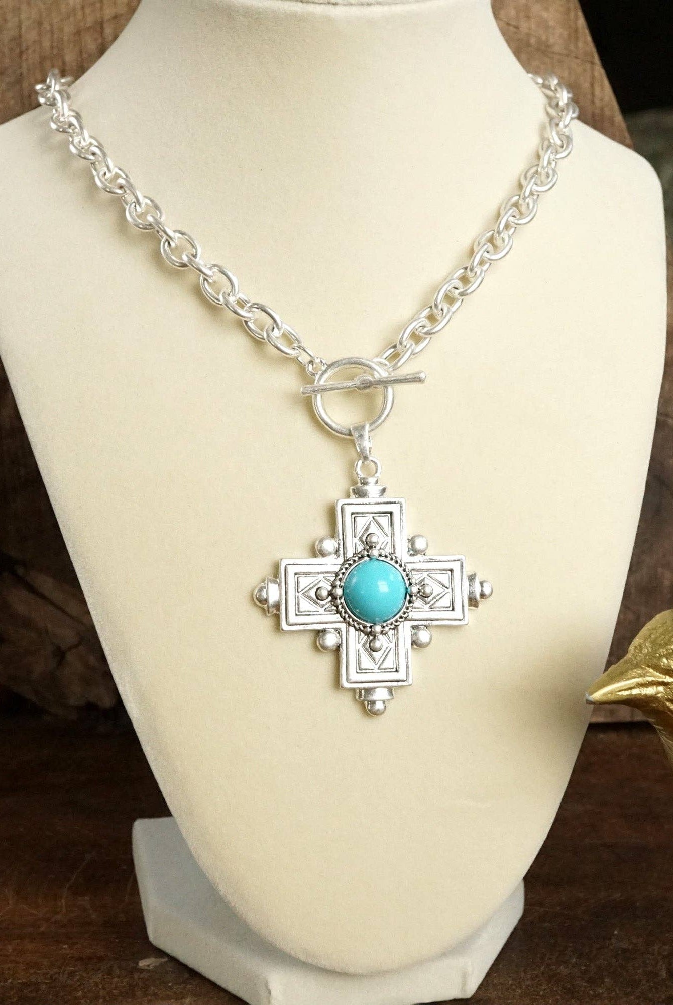 Decorative Cross Necklace Worn Gold or Silver Tone Front Toggle and Turquoise-Necklaces-PennyLine inc-Stuffology - Where Vintage Meets Modern, A Boutique for Real Women in Crosbyton, TX