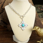 Decorative Cross Necklace Worn Gold or Silver Tone Front Toggle and Turquoise-Necklaces-PennyLine inc-Stuffology - Where Vintage Meets Modern, A Boutique for Real Women in Crosbyton, TX