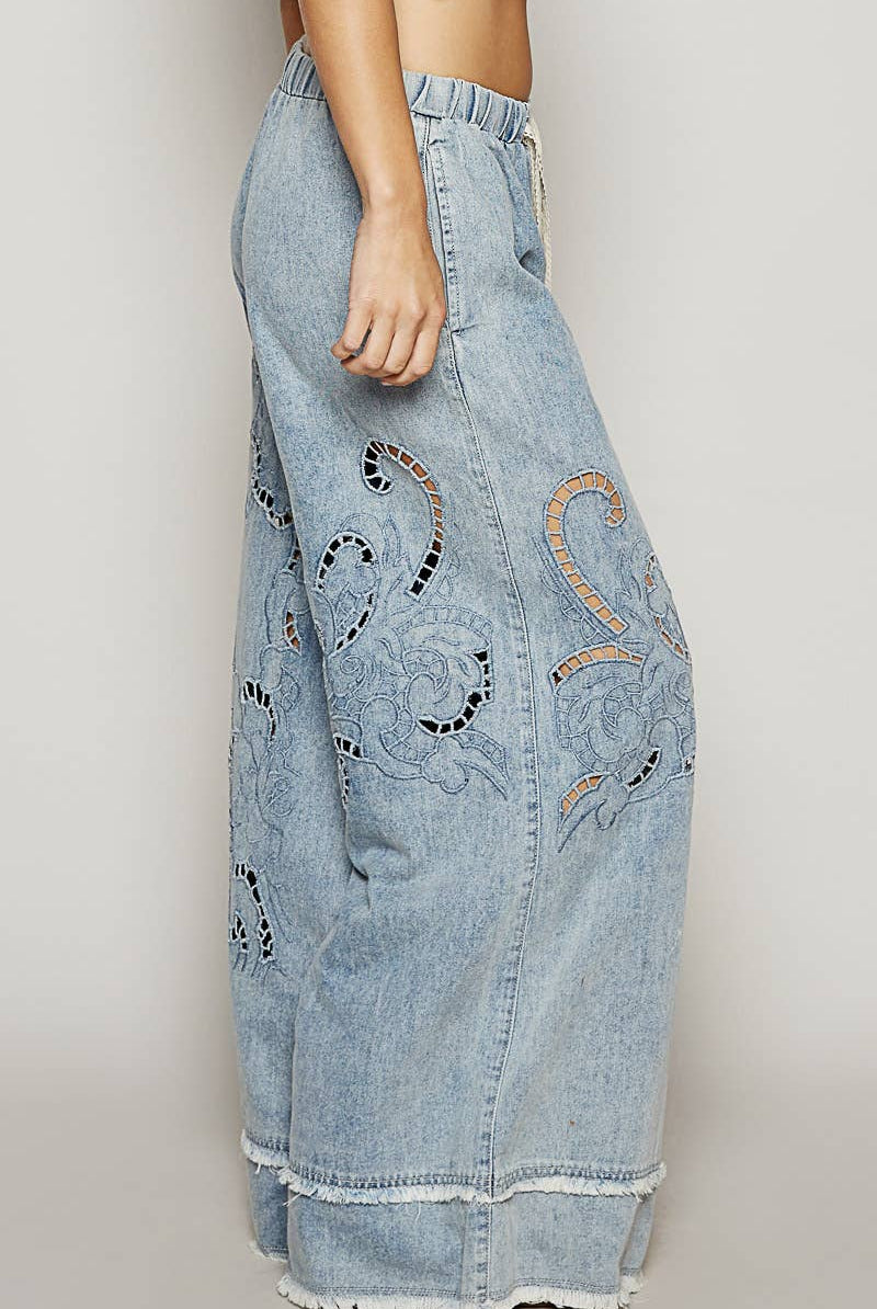 Vintage Wash Outseam Woven Wide Leg Denim Jeans-Jeans-Pol Clothing-Stuffology - Where Vintage Meets Modern, A Boutique for Real Women in Crosbyton, TX