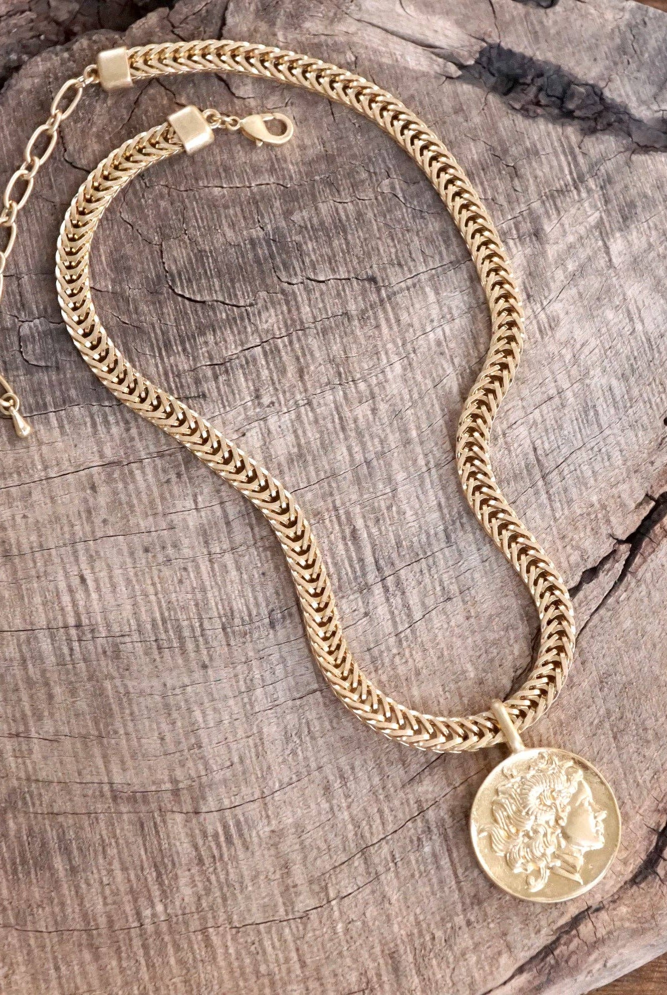 Coin Statement Chain Necklace in Worn Gold Tone-Necklaces-PennyLine inc-Stuffology - Where Vintage Meets Modern, A Boutique for Real Women in Crosbyton, TX