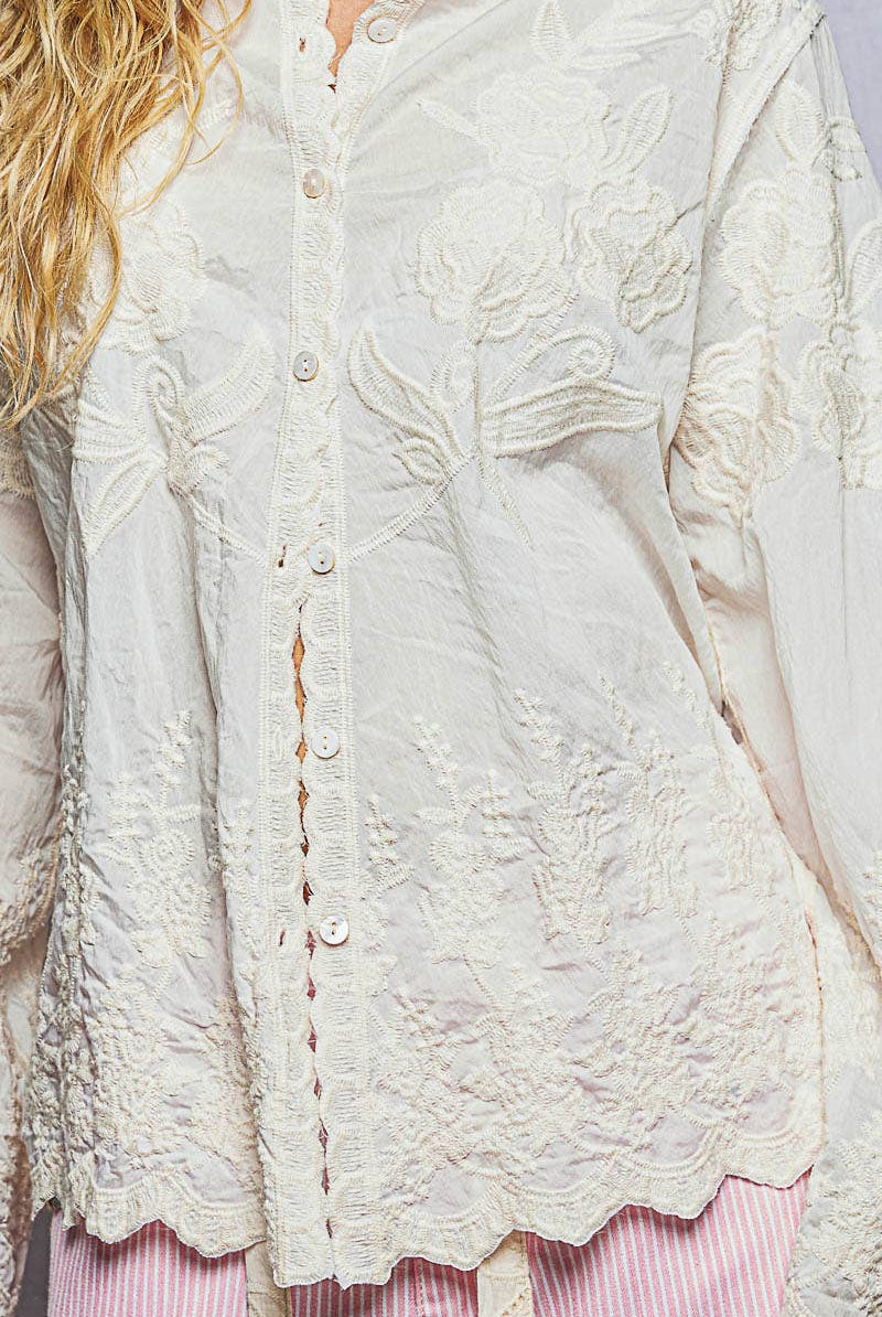 Long Sleeve Embroidered Scalloped Edge Shirt Top-Pol Clothing-Stuffology - Where Vintage Meets Modern, A Boutique for Real Women in Crosbyton, TX