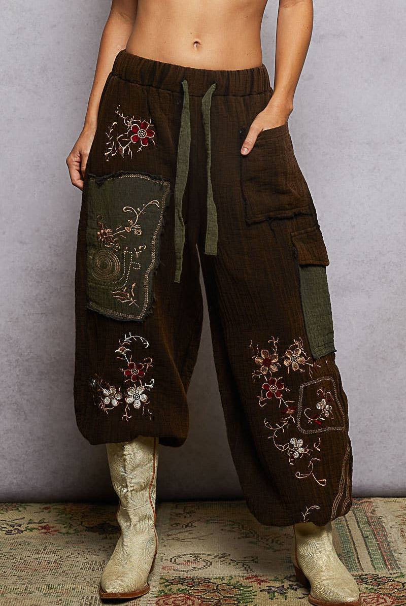 POL Clothing Double gauze floral embroidery accents patch detail pants-pants-Pol Clothing-Stuffology - Where Vintage Meets Modern, A Boutique for Real Women in Crosbyton, TX