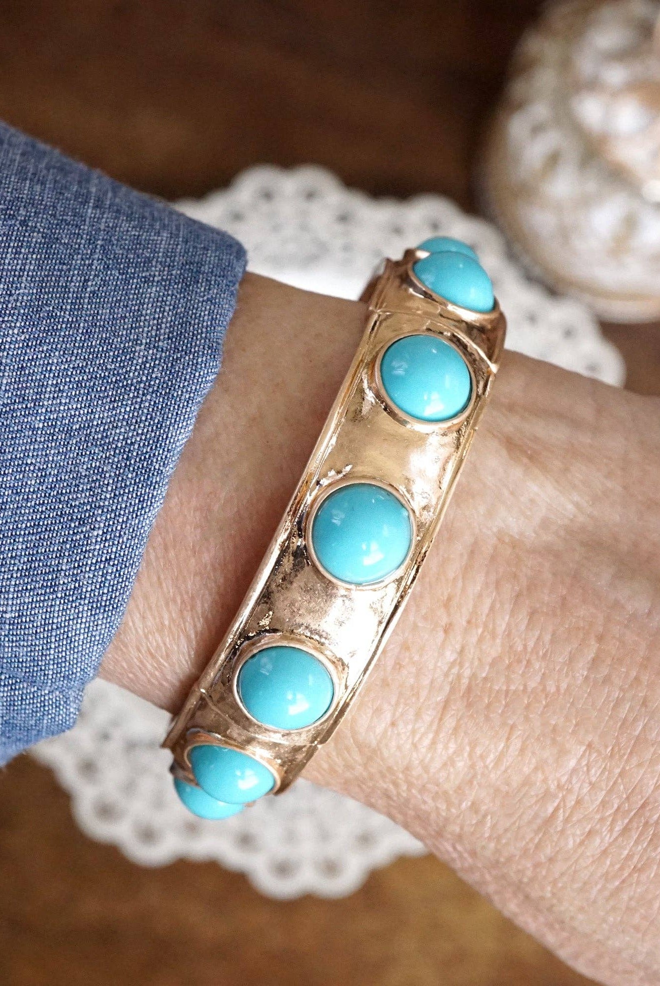 Eternity Statement Bangle Turquoise and Gold Tone-Bracelets-PennyLine inc-Stuffology - Where Vintage Meets Modern, A Boutique for Real Women in Crosbyton, TX