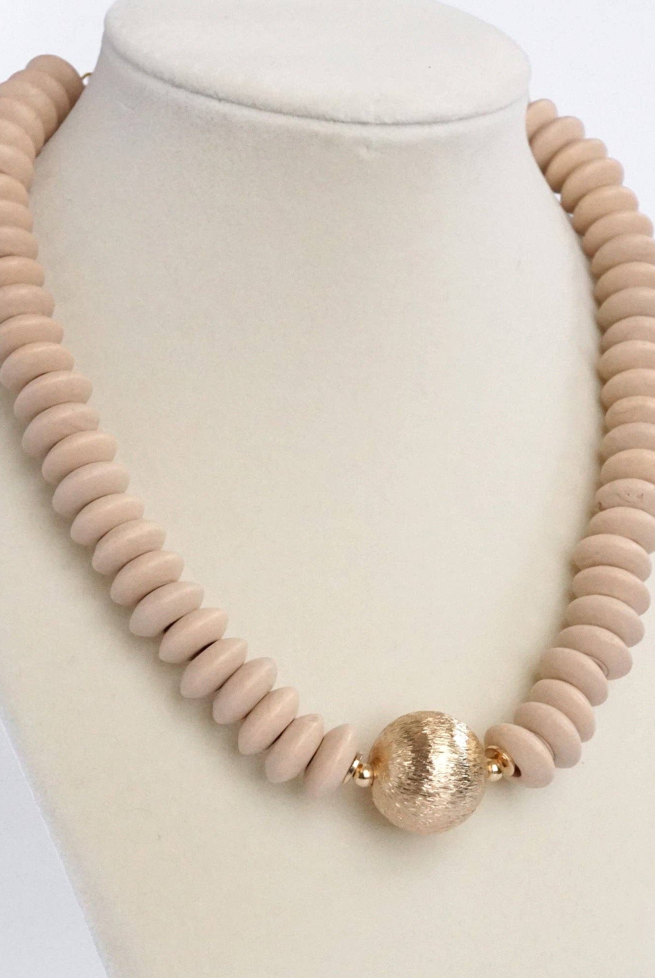 Wood Saucer Beads Short Statement Necklace Gold center Hot Pink Beige Turquoise-Necklaces-PennyLine inc-Stuffology - Where Vintage Meets Modern, A Boutique for Real Women in Crosbyton, TX