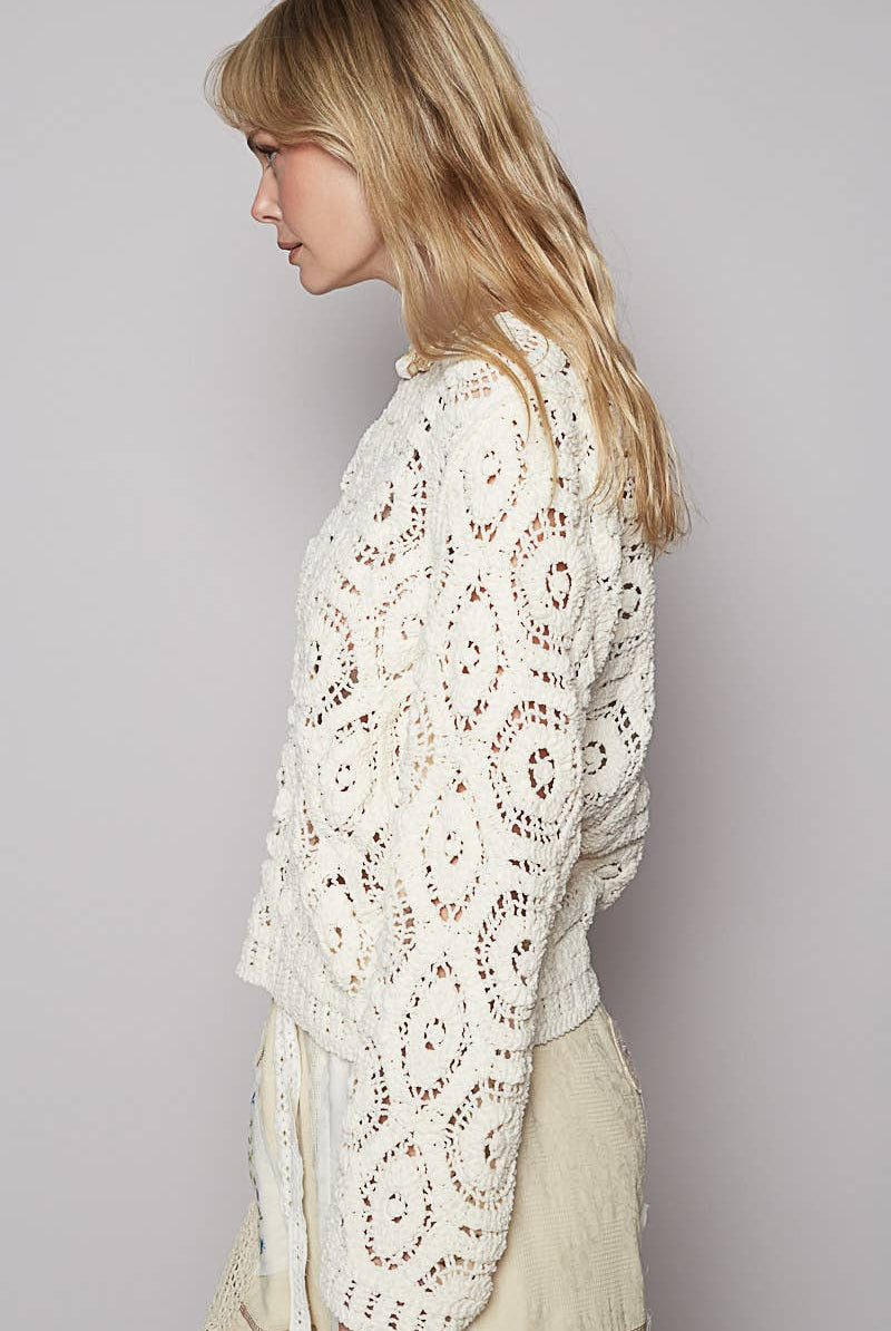 Round neck open knitted crochet solid sweater-Sweaters-Pol Clothing-Stuffology - Where Vintage Meets Modern, A Boutique for Real Women in Crosbyton, TX