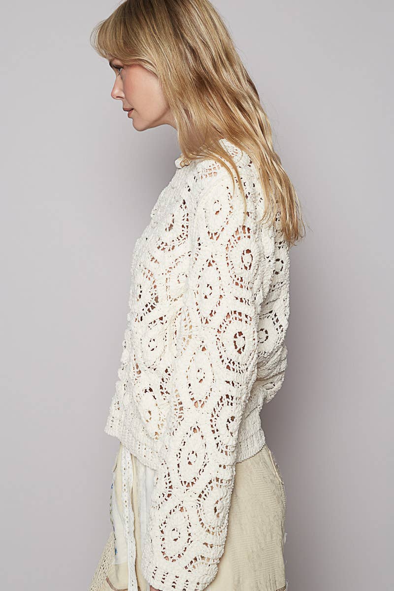 Round neck open knitted crochet solid sweater-Sweaters-Pol Clothing-Stuffology - Where Vintage Meets Modern, A Boutique for Real Women in Crosbyton, TX