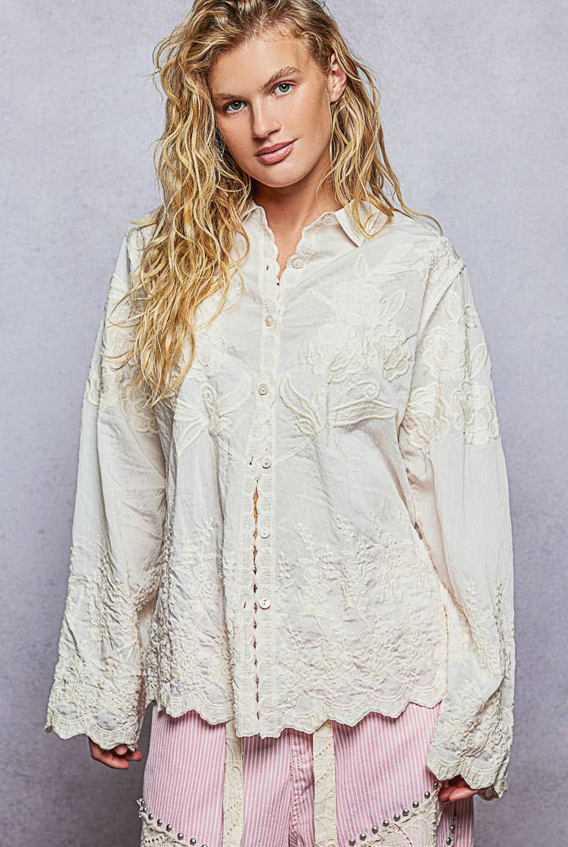Long Sleeve Embroidered Scalloped Edge Shirt Top-Pol Clothing-Stuffology - Where Vintage Meets Modern, A Boutique for Real Women in Crosbyton, TX
