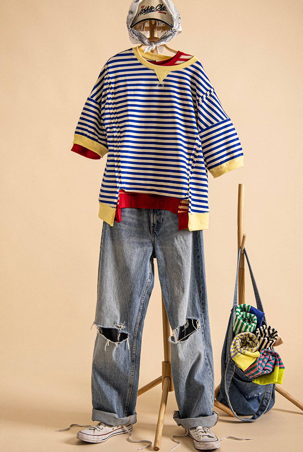 Blue Oversized Stripe Casual Knit Top-stripe top-VERY J-Stuffology - Where Vintage Meets Modern, A Boutique for Real Women in Crosbyton, TX