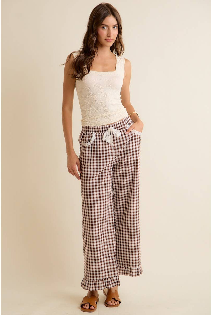 GINGHAM LACE RUFFLED PULL ON PANTS-So Me-Stuffology - Where Vintage Meets Modern, A Boutique for Real Women in Crosbyton, TX