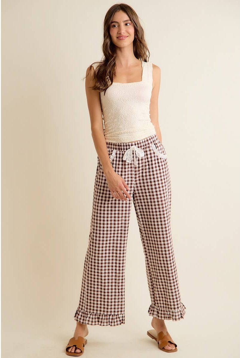 GINGHAM LACE RUFFLED PULL ON PANTS-So Me-Stuffology - Where Vintage Meets Modern, A Boutique for Real Women in Crosbyton, TX